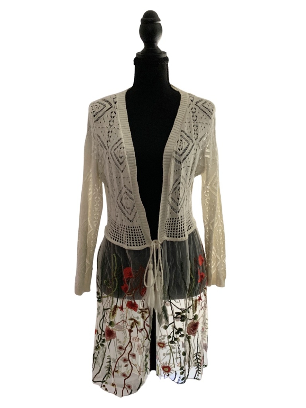 Ivory Crochet Cardigan Embroidered Floral Sheer Skirt Women M Fairy Y2K